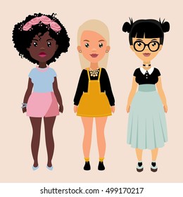 Vector colorful set of pretty stylish girls in fashionable clothes