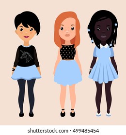 Vector colorful set of pretty stylish girls in fashionable clothes