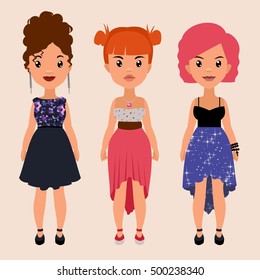 Vector colorful set of pretty stylish girls in fashionable clothes