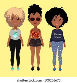 Vector colorful set of pretty stylish african girls in fashionable clothes