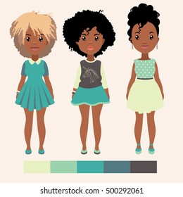 Vector colorful set of pretty stylish african girls in fashionable clothes