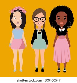 Vector colorful set of pretty stylish girls in fashionable clothes