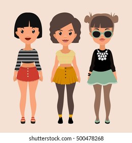 Vector colorful set of pretty stylish girls in fashionable clothes