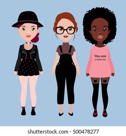 Vector colorful set of pretty stylish girls in fashionable clothes