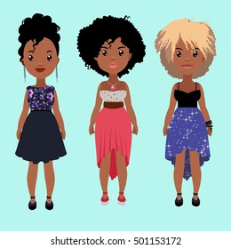 Vector colorful set of pretty stylish african girls in fashionable clothes