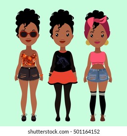 Vector colorful set of pretty stylish african girls in fashionable clothes