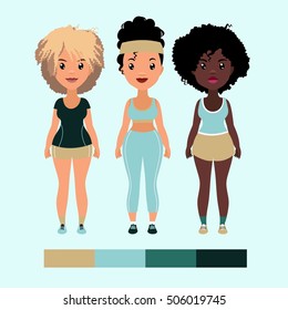 Vector colorful set of pretty stylish girls in fitness clothes