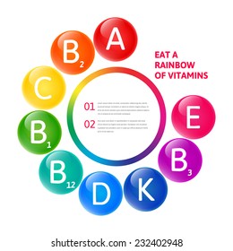 Vector colorful set of the rainbow colored bubble vitamins for your infographic. Circle illustration.