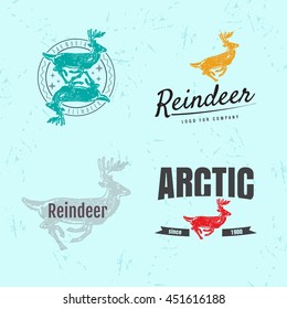 Vector colorful set with reindeer. The reindeer as main element of logotypes on light blue background. Engraves vector design graphic element, emblem, logo, sign, identity, logotype