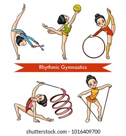 Vector colorful set of rhythmic gymnastics.  Cartoon girl with the ball, with clubs, ribbon, skipping rope and hoop