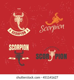 Vector colorful set with scorpion. The scorpion as main element of logotypes on red background. Engraves vector design graphic element, emblem, logo, sign, identity, logotype
