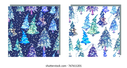 Vector colorful set of seamless background with Christmas tree. Modern illustration. Can be used for wallpaper, pattern fills, web page, surface textures, textile print, wrapping paper. Night and day.