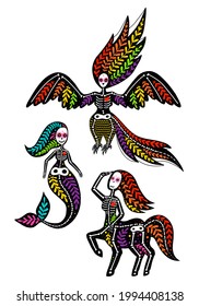 Vector colorful set of skeletons, fairytale creatures with floral design, isolated on white background. Dia de los Muertos, Day of the dead or Halloween concept. Mermaid, centaur, woman bird