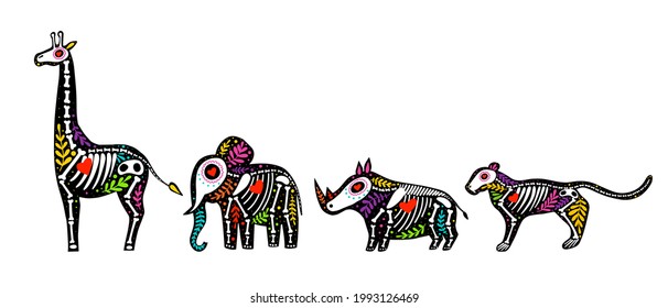 Vector colorful set of skeletons, savannah animals with floral design, isolated on white background. Dia de los Muertos, Day of the dead or Halloween concept. Giraffe, elephant, rhino and tiger