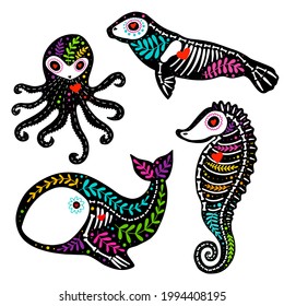 Vector colorful set of skeletons, sea dwellers with floral design, isolated on white background. Dia de los Muertos, Day of the dead or Halloween concept. Octopus, seal, whale, sea horse