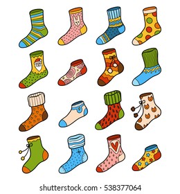 Vector colorful set of socks with geometric and Christmas ornaments