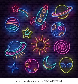 Vector colorful set of space neon lamp icons. Glowing rocket, planets, alien ship, sun, moon, comet and stars on purple brick wall background