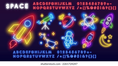 Conjunto de vectores coloridos de los iconos de la lámpara de neón espacial. Iconos de neón espacial, rocas, ufo, señales de planeta y estrella de Saturno, rocío con llama, luz fluorescente brillante en la pared oscura.