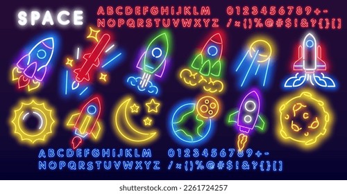 Vector colorful set of space neon lamp icons. Glowing rocket, planets, alien ship, sun, moon, comet and stars on purple background