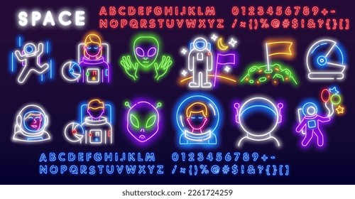 Vector colorful set of space neon lamp icons. Glowing rocket, planets, alien ship, sun, moon, comet and stars on purple background