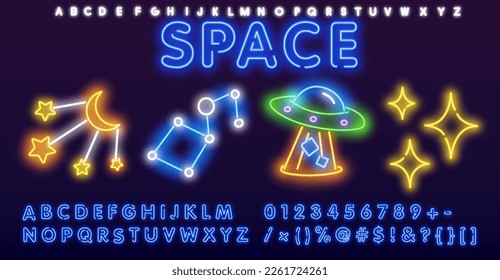 Vector colorful set of space neon lamp icons. Glowing rocket, planets, alien ship, sun, moon, comet and stars on purple background