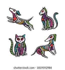 Vector colorful set of stickers. Dia de los Muertos, Day of the dead or Halloween concept. Dog and cat skeletons with floral design, isolated on white background