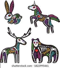 Vector colorful set of stickers. Dia de los Muertos, Day of the dead or Halloween concept. Dog and cat Unicorn, moose, bear and rabbit skeletons with floral design, isolated on white background