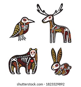 Vector colorful set of stickers. Dia de los Muertos, Day of the dead or Halloween concept. Raven, moose, bear and rabbit skeletons with floral design, isolated on white background