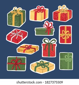 Vector colorful set of stickers with illustrations of Christmas gift isolated on blue background. Use it as elements for design greeting cards , poster, card, packaging paper design