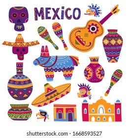 Vector colorful set of traditional symbols of Mexican culture, like maracas, pinata, sombrero, scull, pottery, Maya drawings. Can be used as a template for your design, sticker, icon, badge element