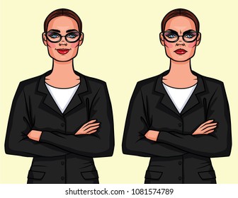 Vector colorful set of two different opposite emotions women in glasses with crossed arms. Lady boss smiling and angry in office suit standing in front