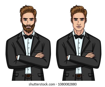 Vector colorful set of two elegant gentleman in suits with a tie bow isolated from white background. Handsome guy with and without beard and mustache standing in front with cross hands