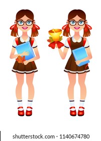 Vector colorful set of two girl going back to school. Cheerful teen girl with tails keeping book and autumn leaves with a bell. Happy little girl wearing school uniform and glasses with a bag behind