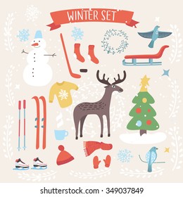 Vector colorful set of winter cute funny elements