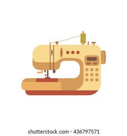 Vector colorful sewing machine illustration. Flat sewing machine infographic design elements: scissor, pin, iron. Tailoring industry concept of dressmaking tools icons. Sewing workshop illustration. 