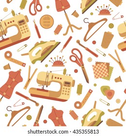 Vector colorful sewing machine pattern. Flat sewing machine infographic design elements: scissor, pin, iron. Tailoring industry concept of dressmaking tools icons. Sewing workshop pattern. 