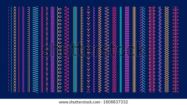 Vector\
colorful sewing machine stitches. Seamless sewing seam lines\
pattern for fabric structure. Embroidery cloth edge texture.\
Stitching seams, stitched sew. Fashion seam\
brush