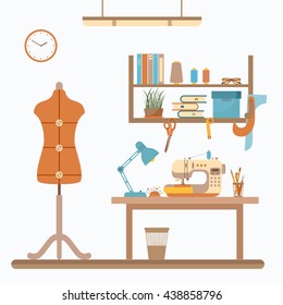 Vector colorful sewing workshop concept. Flat sewing infographic design elements: scissor, machine, pin, iron. Tailoring industry concept of dressmaking tools icons. Sewing workshop illustration. 