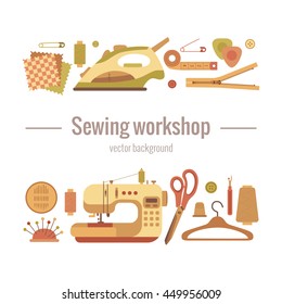 Vector colorful sewing workshop concept. Flat sewing infographic design elements: scissor, machine, pin, iron. Tailoring industry concept of dressmaking tools icons. Sewing workshop illustration. 