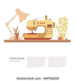 Vector colorful sewing workshop concept. Flat sewing infographic design elements: scissor, machine, pin, iron. Tailoring industry concept of dressmaking tools icons. Sewing workshop illustration. 
