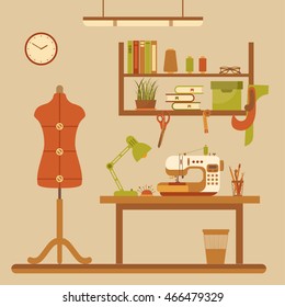 Vector colorful sewing workshop concept. Flat sewing infographic design elements: scissor, machine, pin, iron. Tailoring industry concept of dressmaking tools icons. 