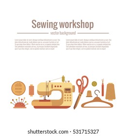 Vector colorful sewing workshop concept. Flat infographic design elements: scissor, machine, pin, iron. Tailoring industry illustration of dressmaking tools icons.