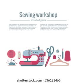 Vector colorful sewing workshop concept. Flat infographic design elements: scissor, machine, pin, iron. Tailoring industry illustration of dressmaking tools icons.