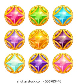 Vector colorful shiny round golden amulets with diamonds, isolated elements for web or game design.