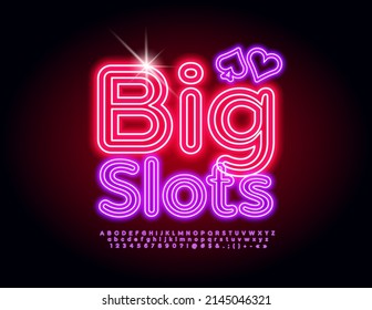 Vector colorful Sign Big Slots. Glowing modern Font. Red Neon Alphabet Letters and Numbers set. 