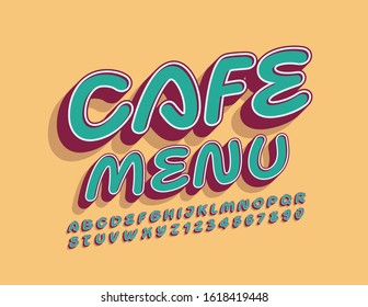 Vector colorful Sign Cafe Menu. 3D trendy Font. Retro Alphabet Letters and Numbers