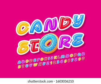 Vector Colorful Sign Candy Store.  Playful Bright Font. Modern creative Alphabet Letters and Numbers
