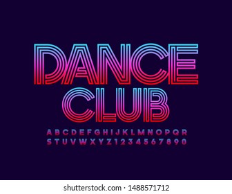 Vector colorful Sign Dance Club. Bright Uppercase Font. Trendy Alphabet Letters and Numbers