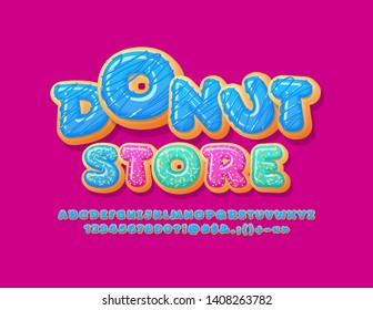 Vector colorful sign Donut Store with tasty Font. Blue sweet Alphabet Letters, Numbers and Symbols