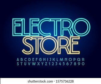 Vector Colorful Sign Electro Store.  Illuminated Stylish Font. Bright Blue Alphabet Letters And Numbers.